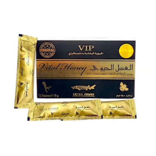 Dose Vital VIP Honey for Men – Premium Herbal Honey with Tongkat Ali & Caviar Powder – Natural Energy & Vitality Supplement – 12 x 15g Sachets