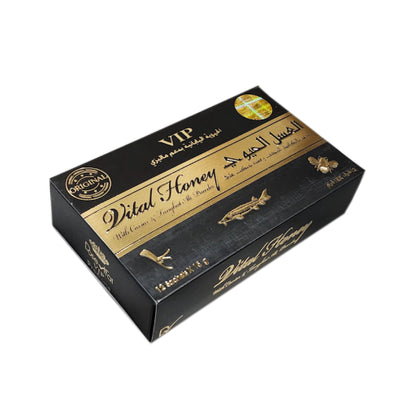 Dose Vital VIP Honey for Men – Premium Herbal Honey with Tongkat Ali & Caviar Powder – Natural Energy & Vitality Supplement – 12 x 15g Sachets