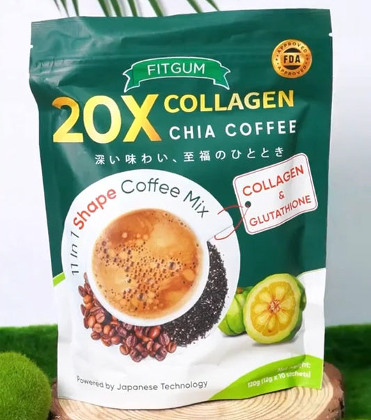 Fitgum 20X Collagen Chia 11-in-1 Shape Coffee Mix – 12g x 10 Sachets