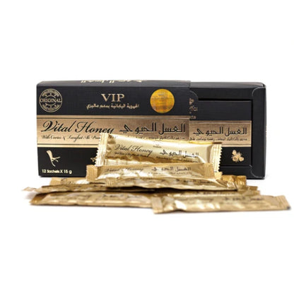 Dose Vital VIP Honey for Men – Premium Herbal Honey with Tongkat Ali & Caviar Powder – Natural Energy & Vitality Supplement – 12 x 15g Sachets